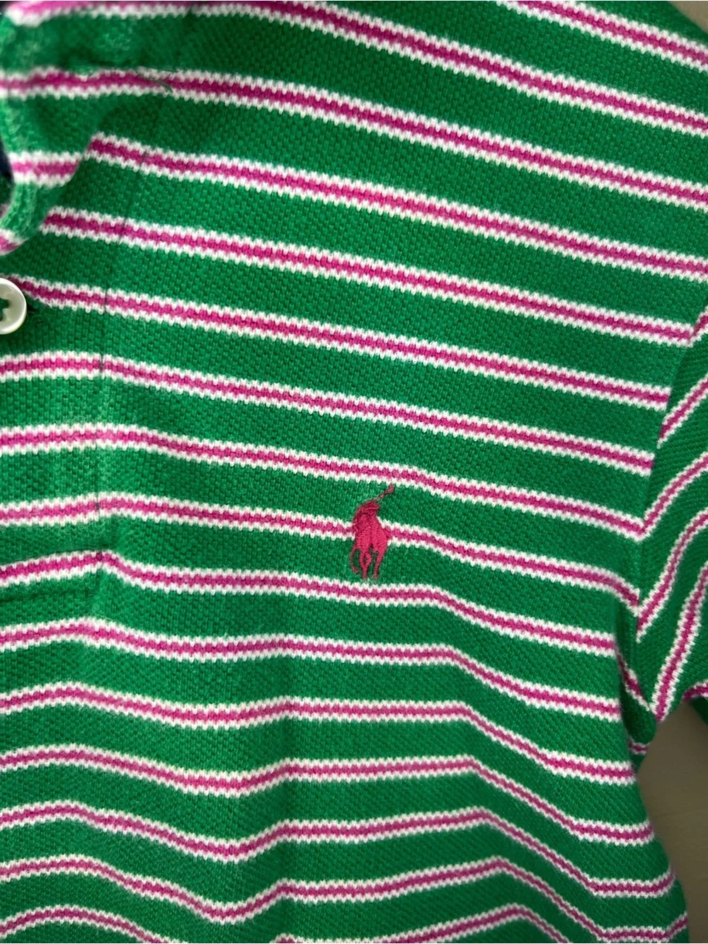 Ralph Lauren Green Stripe Polo with Pink & White Accents